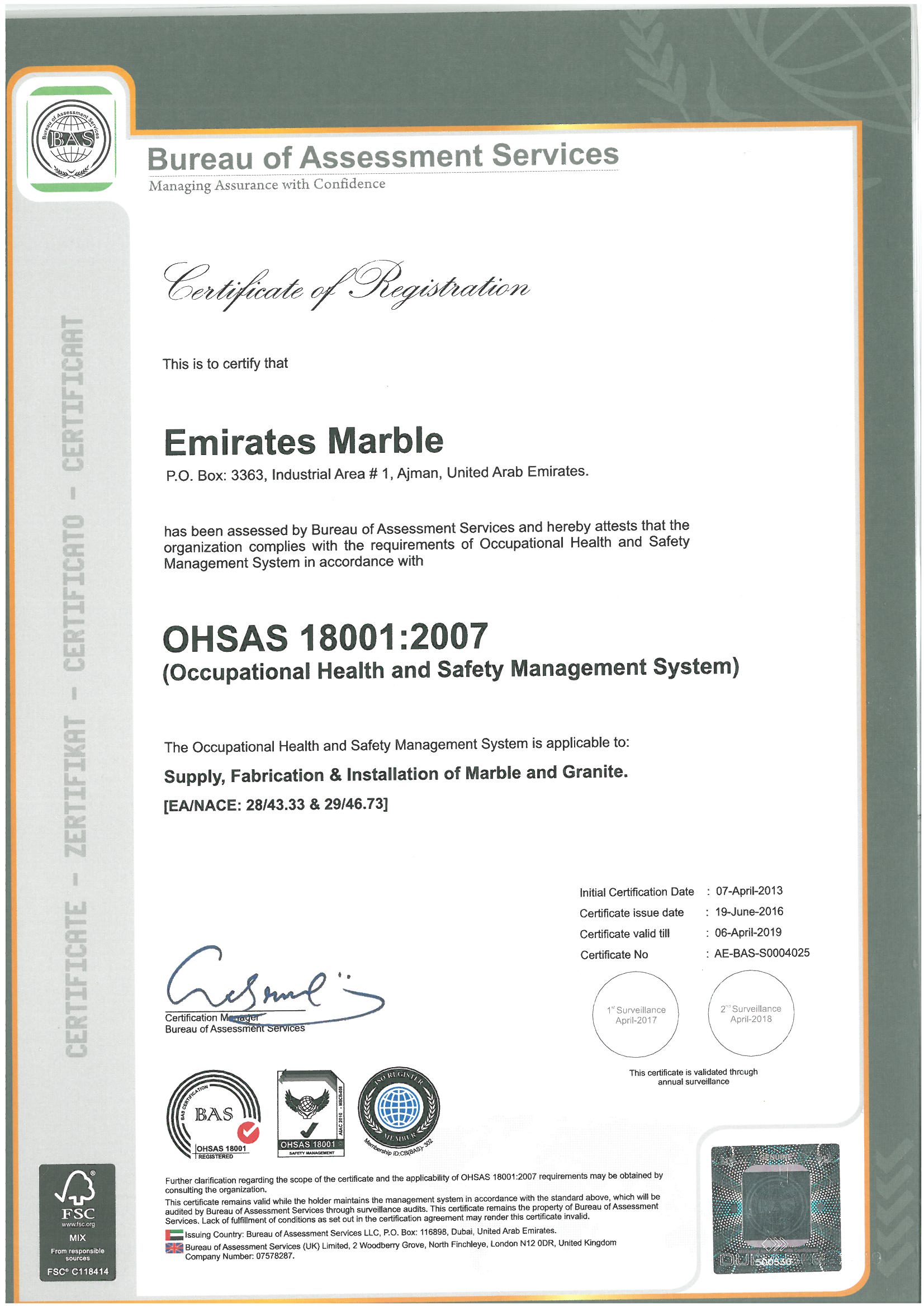 Certificate OHSAS